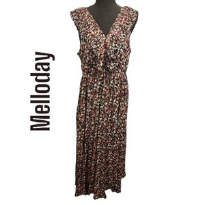 Melloday black fusia floral ruffle pleated maxi dress size large NWT